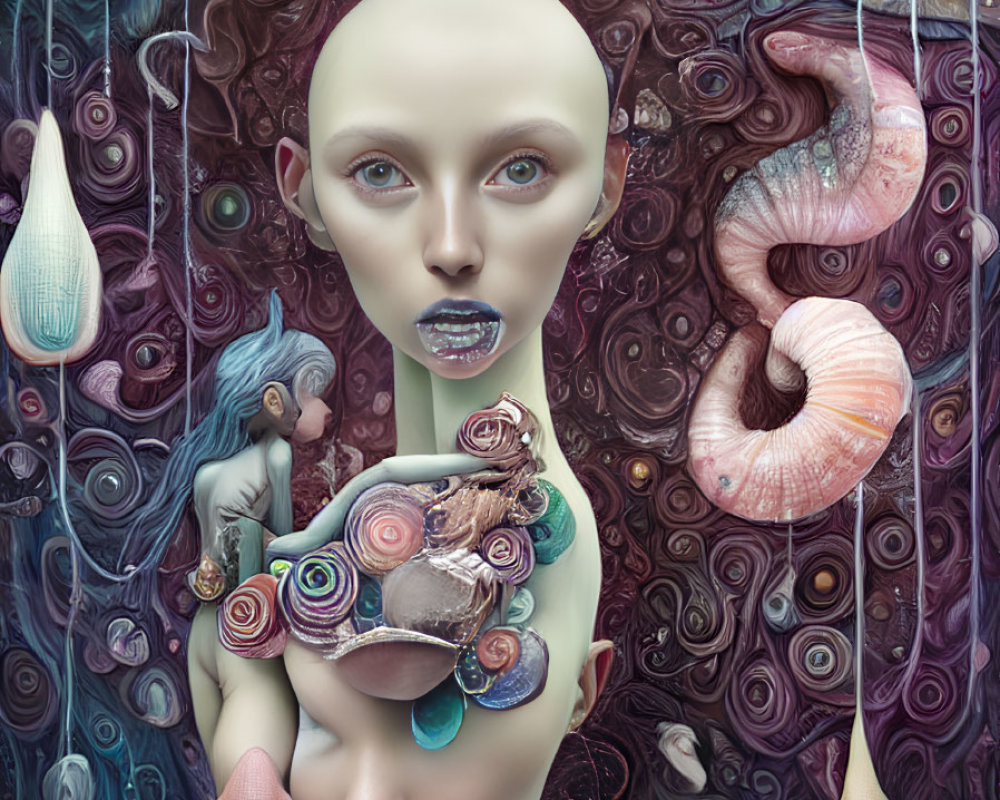 Surreal portrait featuring bald figure with sea creatures and swirling patterns