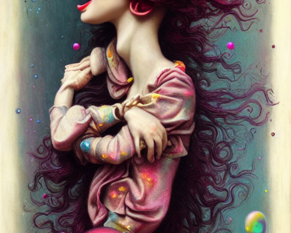 Vibrant painting of woman with red hair in magical setting