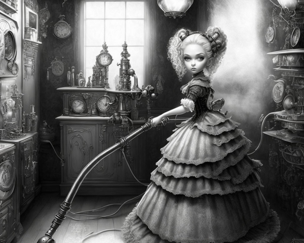 Monochromatic image of doll-like girl with vacuum cleaner in vintage room