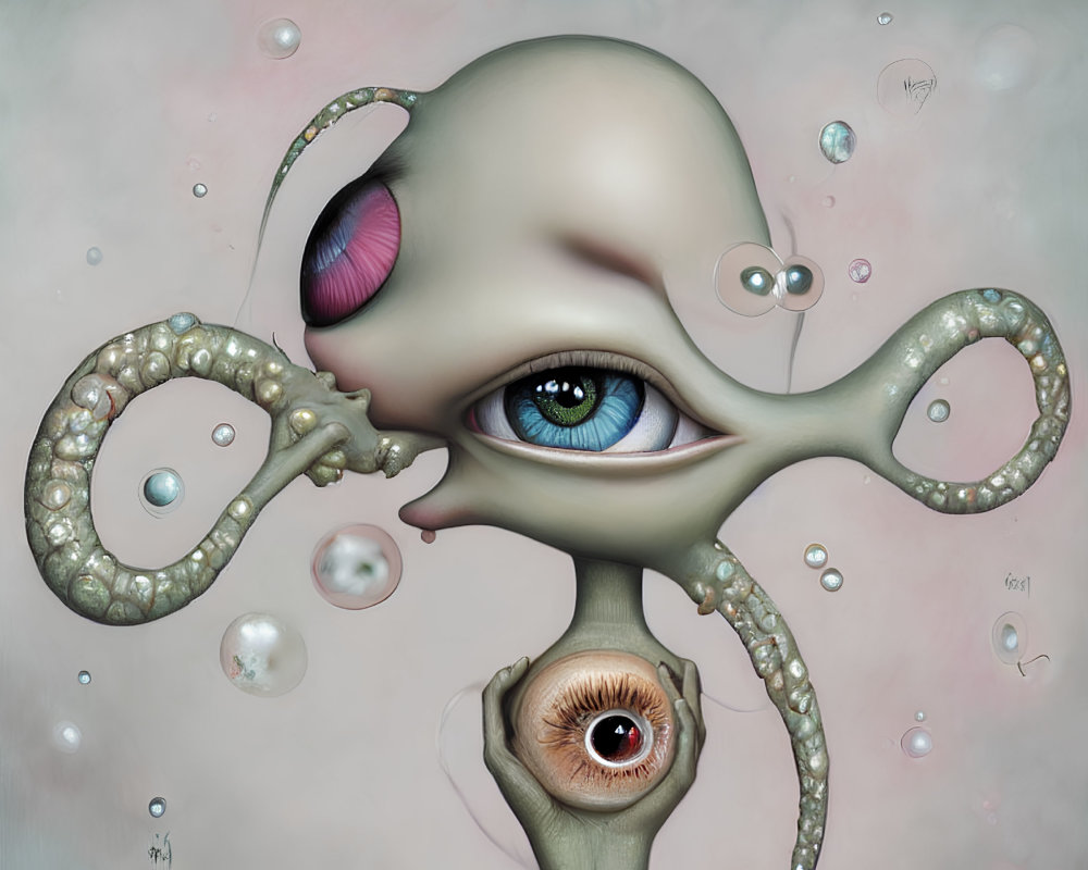Surreal eye with tentacles and bubbles on neutral background