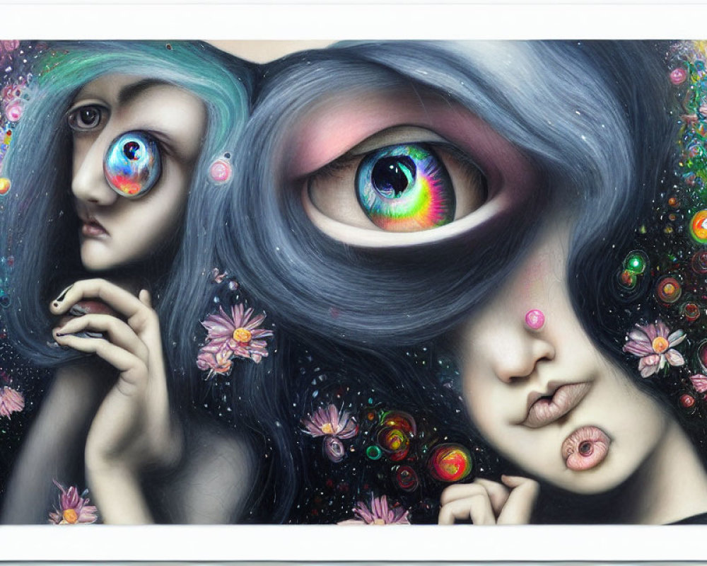 Surreal artwork of woman with oversized, multicolored eyes and floating orbs among flowers