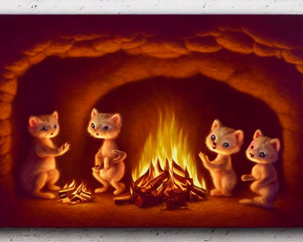 Anthropomorphic meerkats in a burrow with fire - one holding firewood, one st