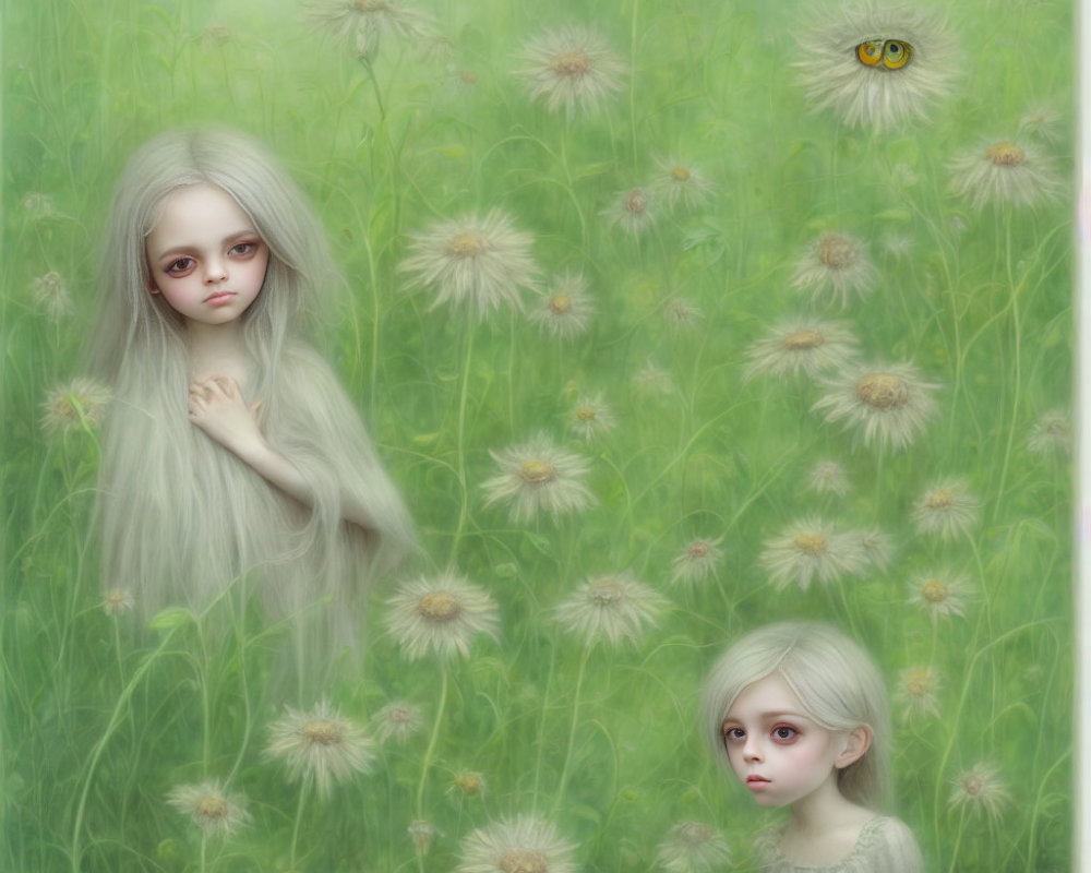 Ethereal fantasy image: Two pale girls with silver hair in green meadow