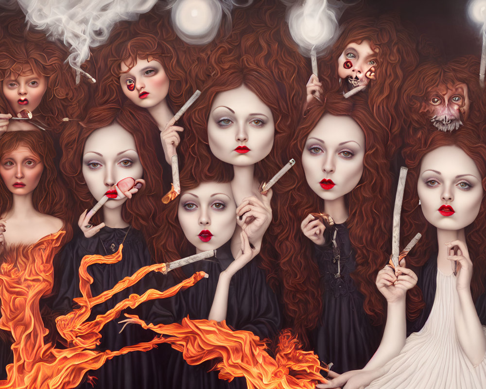 Surreal artwork featuring multiple female faces, hands with cigarettes, flowing hair, and a figure engulf