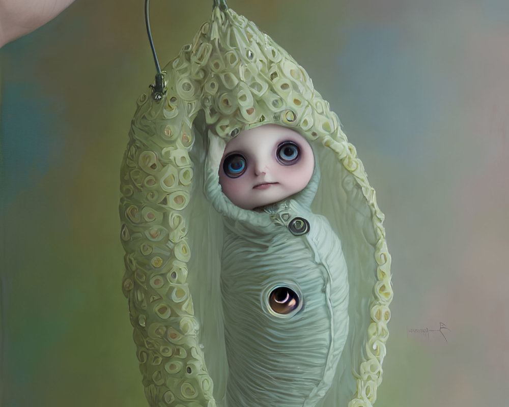Surreal painting of hand holding cocoon with humanoid inside