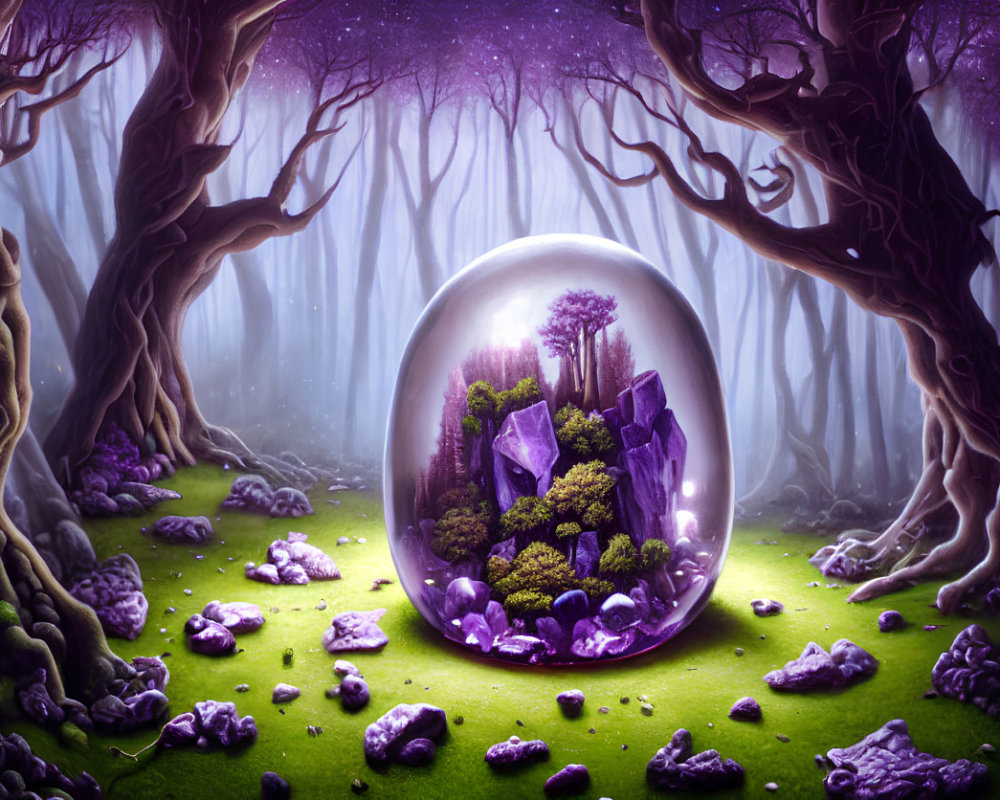 Mystical forest with twisted trees and purple haze, glowing orb with miniaturized landscape and crystals