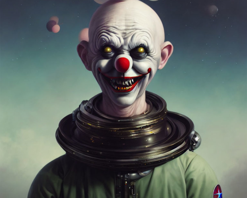 Sinister clown in astronaut suit with sharp teeth against celestial background