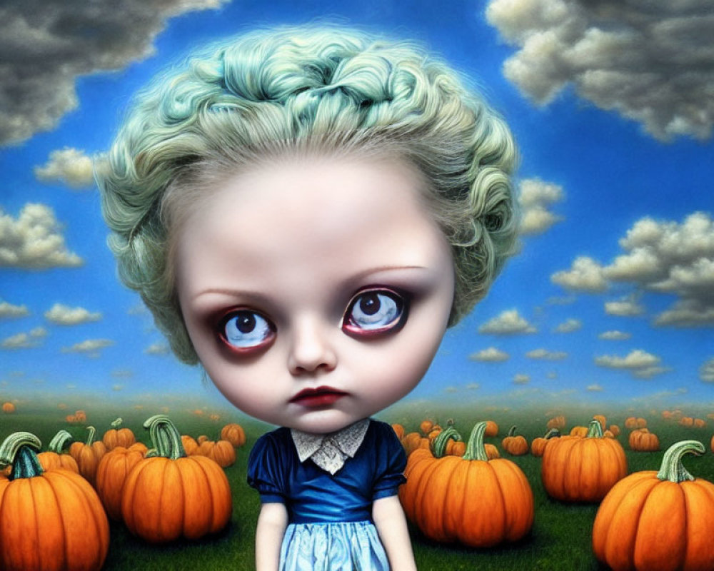 Digital artwork of somber girl with blue hair in pumpkin field