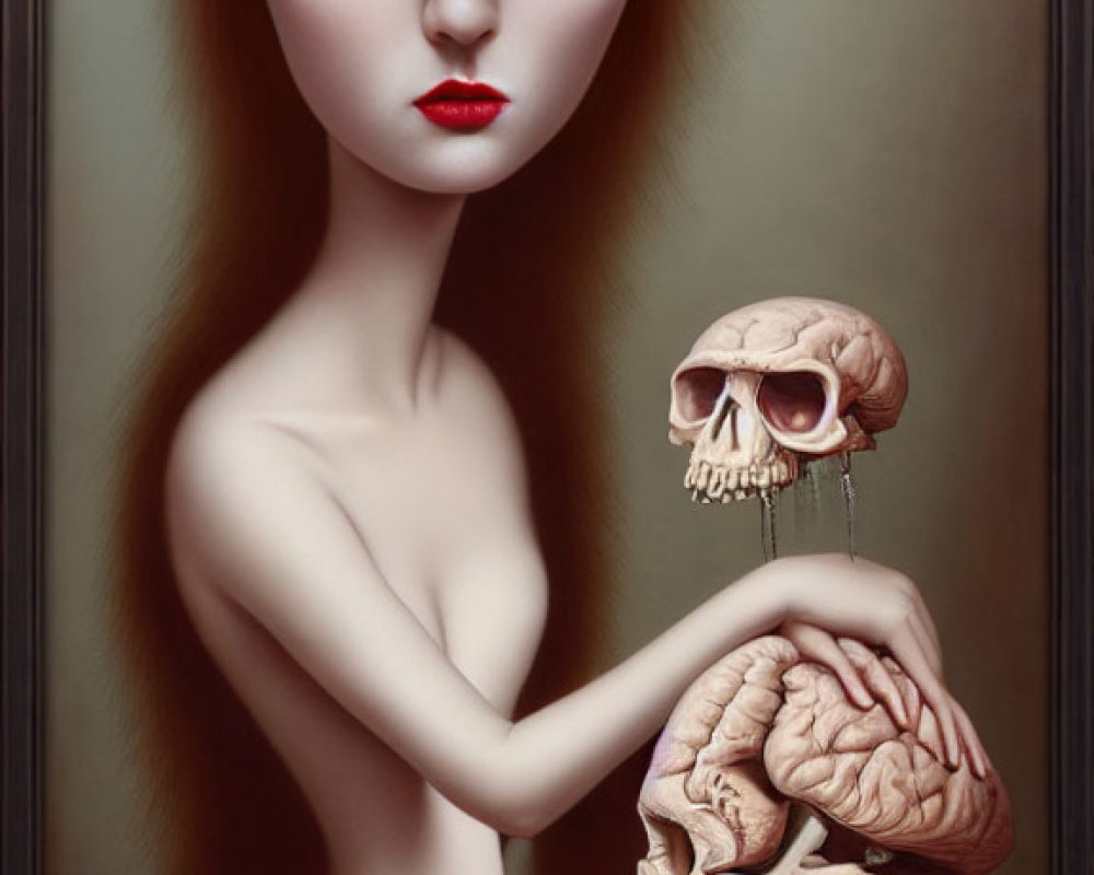 Surreal painting of pale woman with large eyes holding human brain and skull with candles, butterfly on