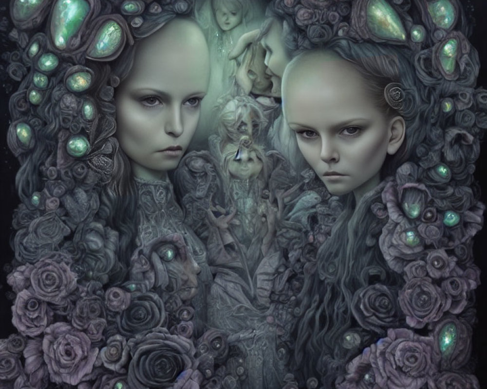Dark surreal artwork: Pale figures with floral and jewel-like hair embellishments surrounded by ethereal faces and