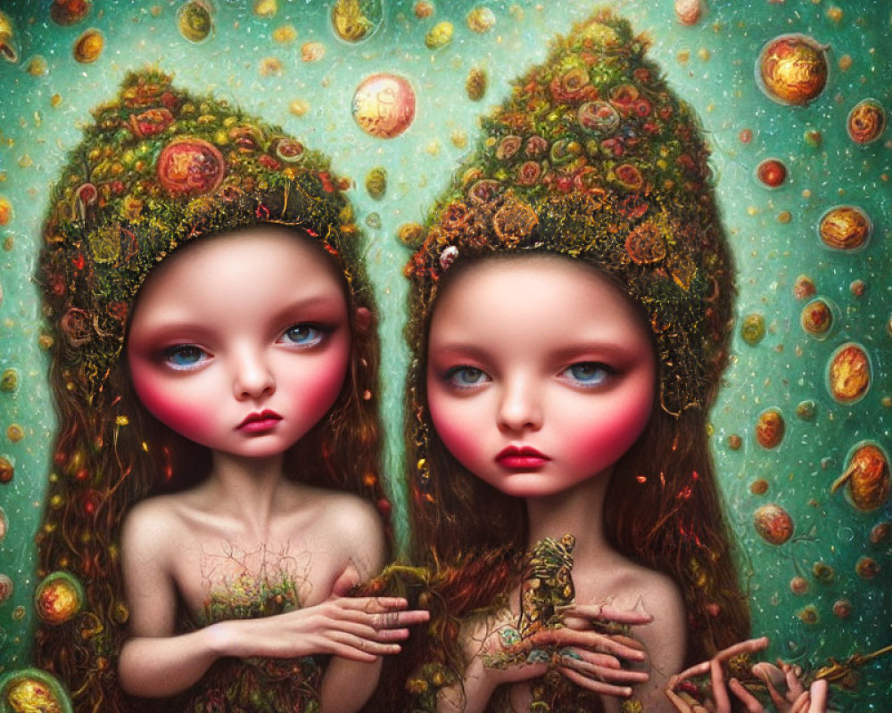 Stylized fairy-like characters with floral hats in a fantastical space setting