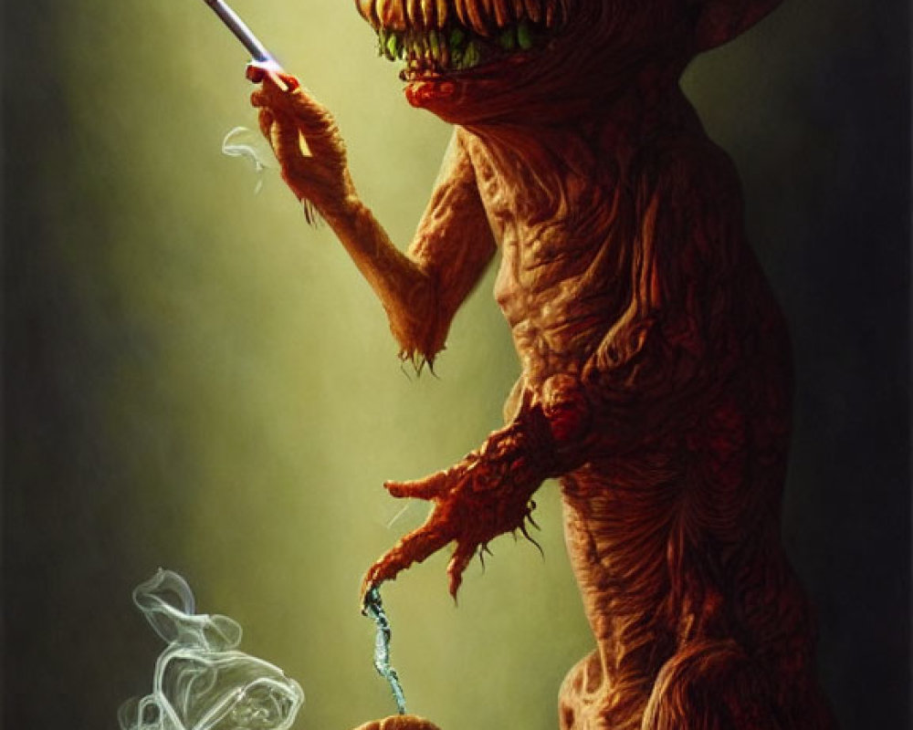 Surreal red-skinned creature with exposed brain and cigarette by table