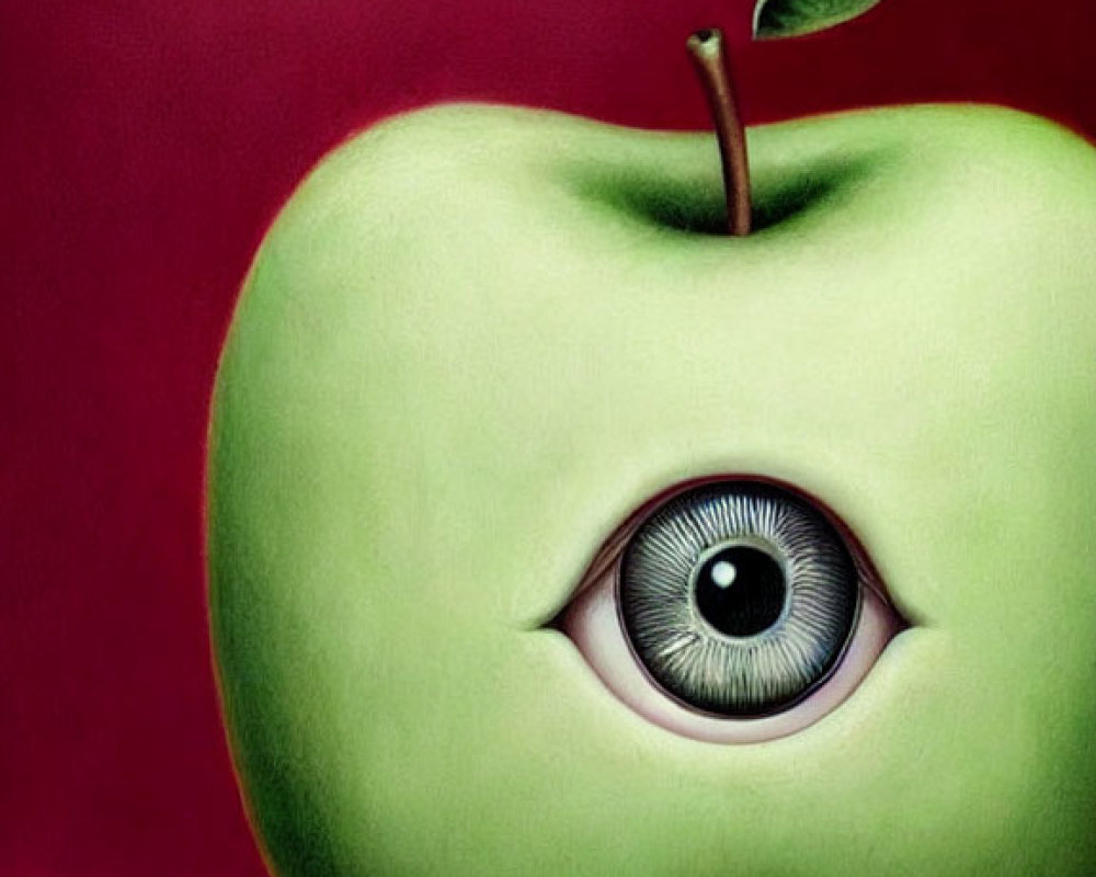 Green Apple with Realistic Human Eye on Red Background