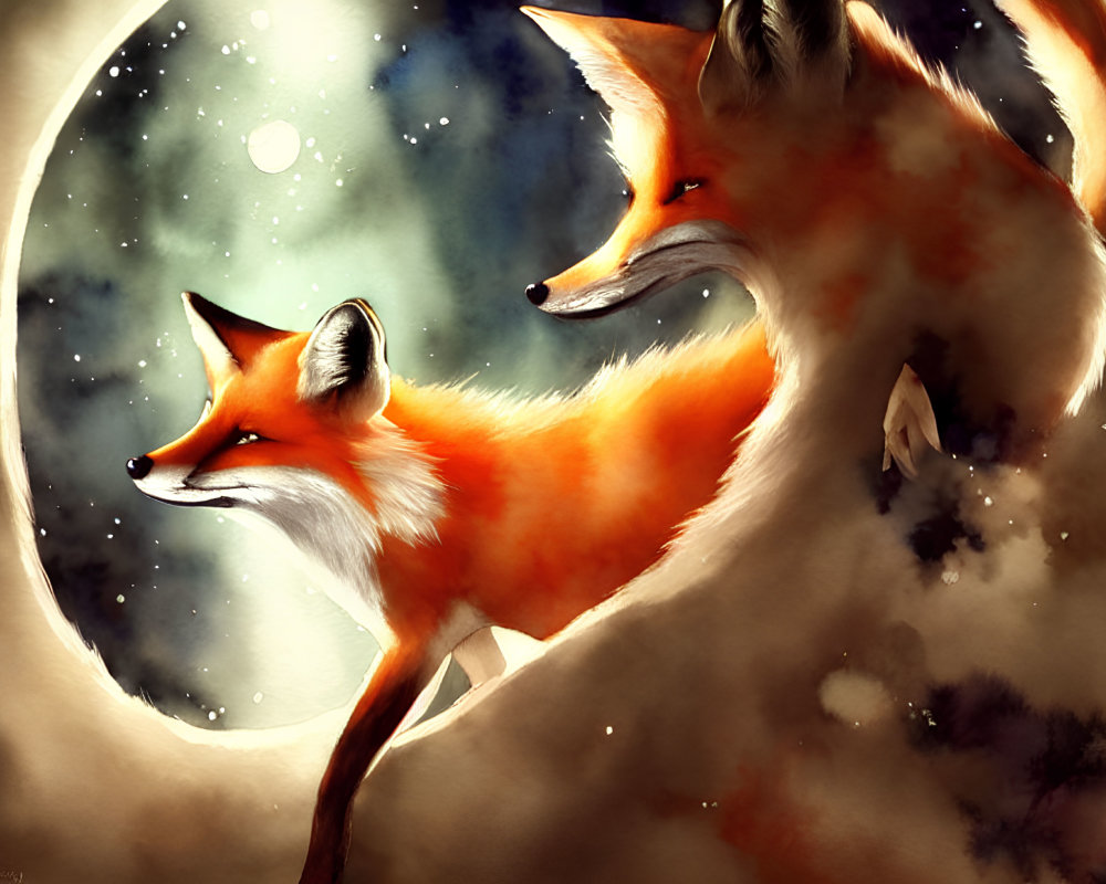 Vibrant orange fur foxes under a full moon