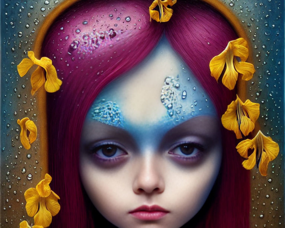 Portrait of a Girl with Colorful Hair, Floral Halo, and Water Droplets