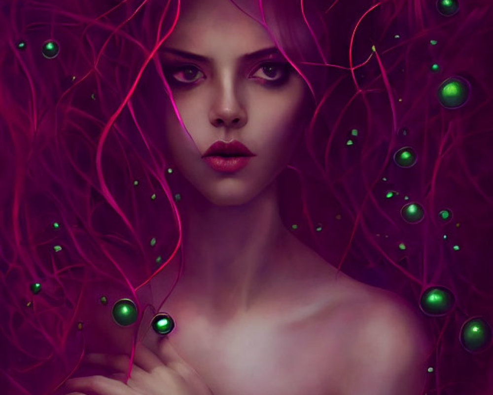 Pale-skinned woman surrounded by red tendrils and green orbs on dark background