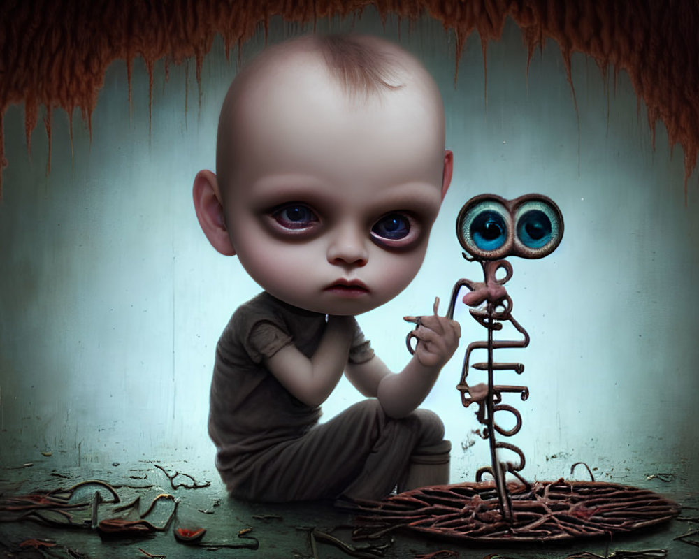 Surreal illustration of large-headed child with sad eyes and owl-eyed creature on coiled spring in