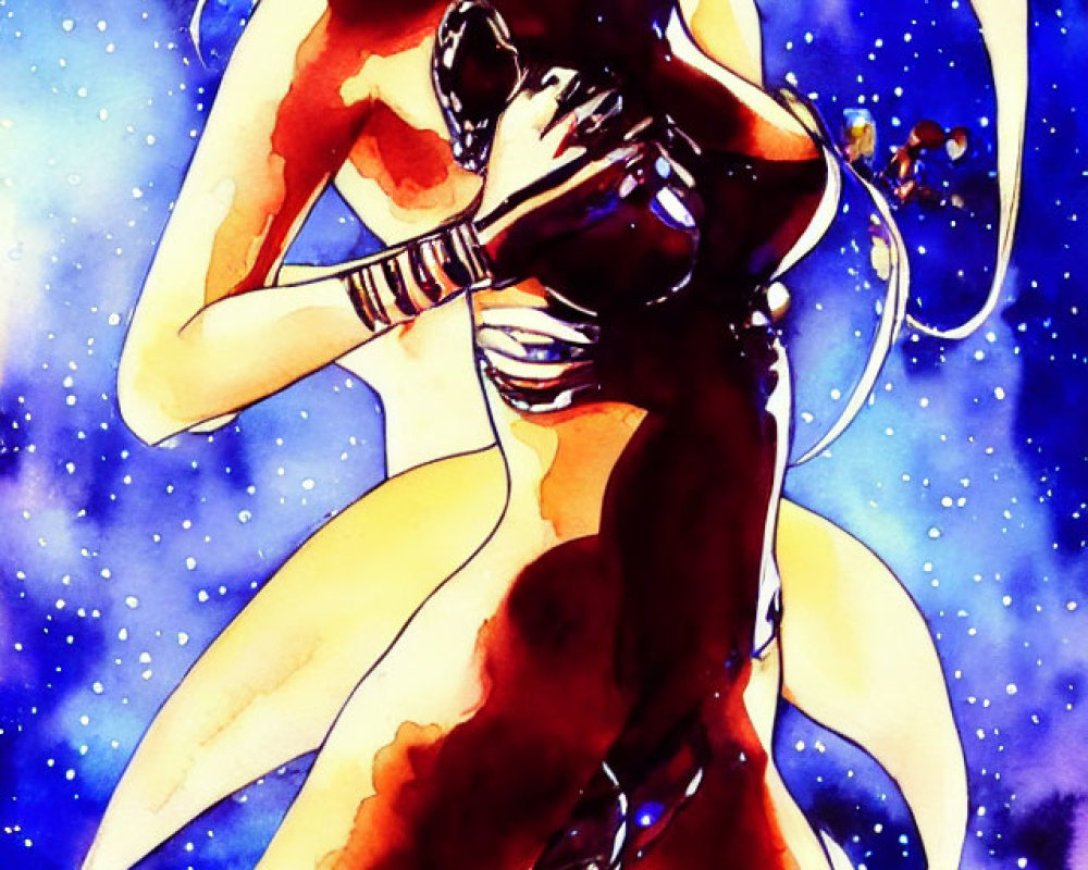 Stylized illustration of female figure with flowing hair and mask against cosmic backdrop