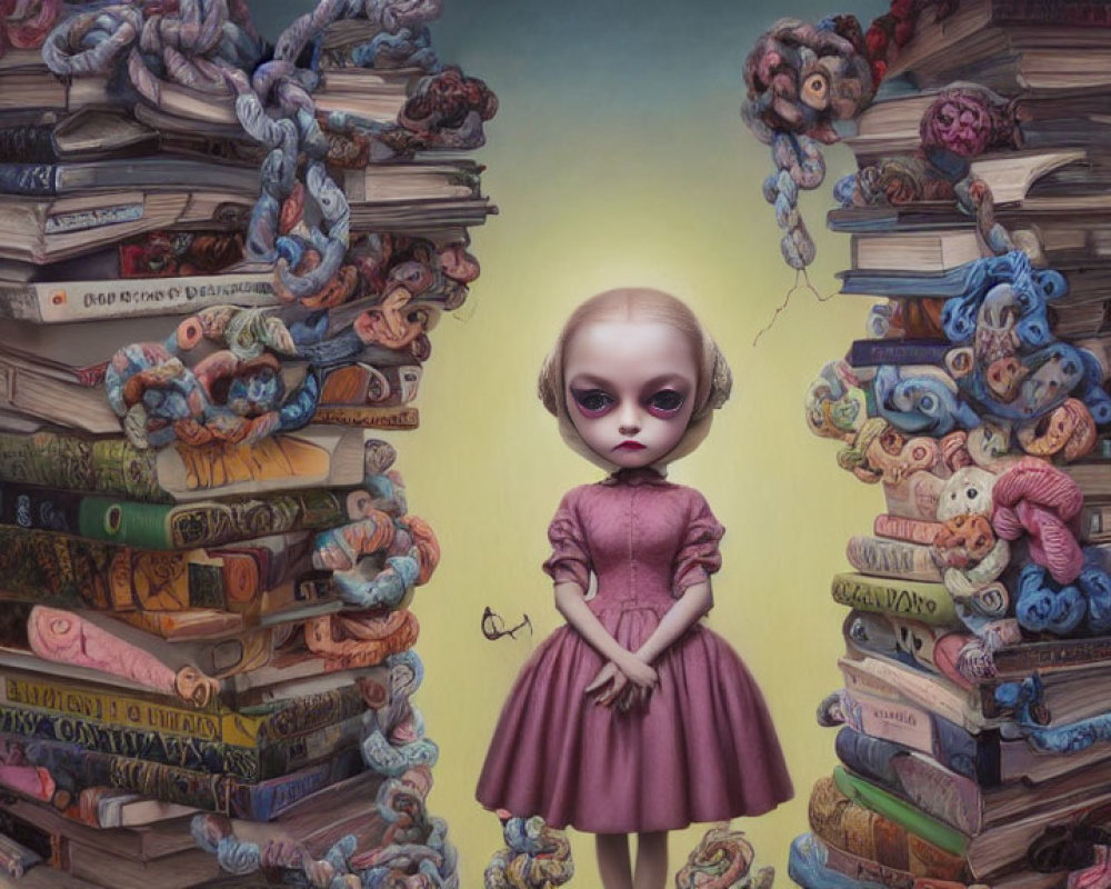 Surreal artwork of girl among towering book stacks and whimsical creatures