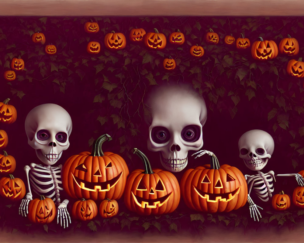 Stylized skeletons with oversized heads in Halloween scene