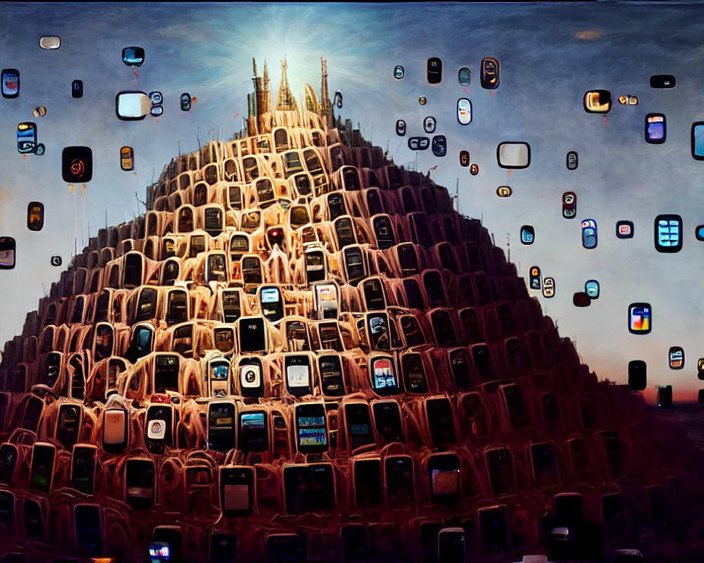 Dystopian artwork of mountain TVs and floating smartphones