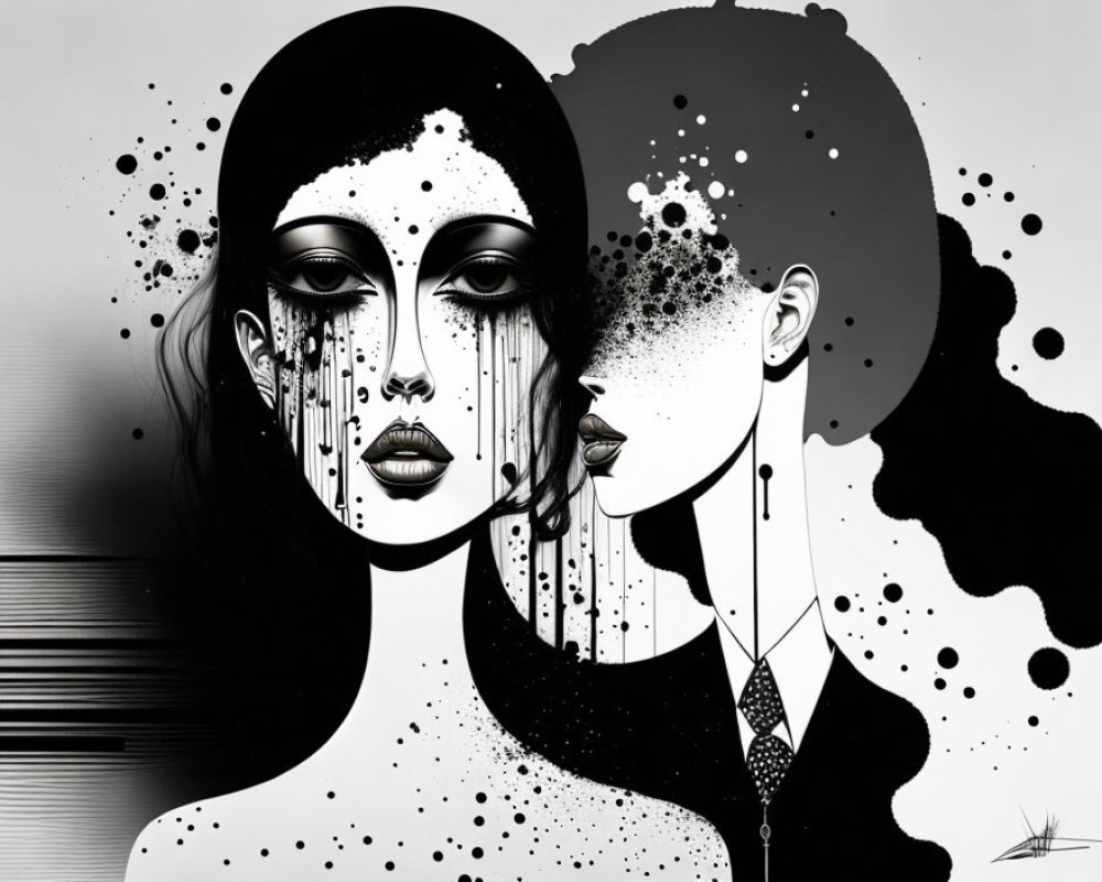 Monochromatic digital artwork: Stylized woman with dripping mascara, surrealistic textures.