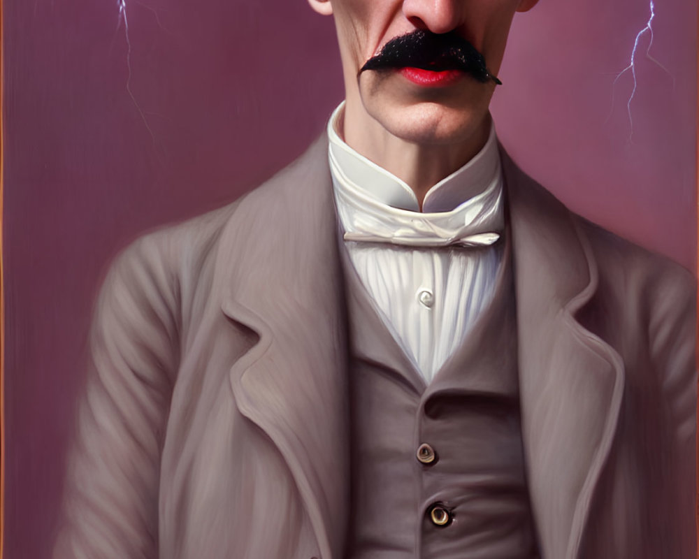 Illustrated portrait of man with mustache in suit holding bottle on pink background with lightning bolts
