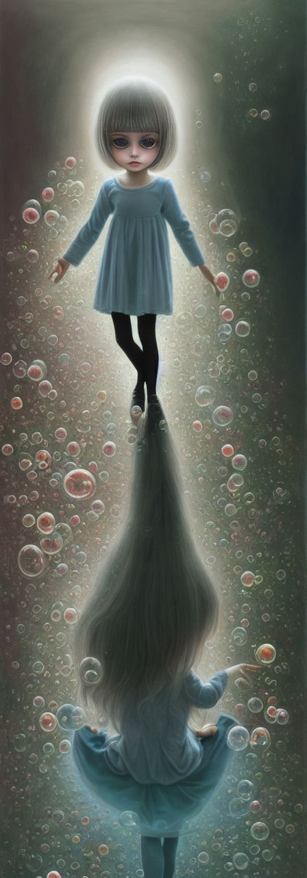 Surreal illustration of levitating girl in blue dress with reflection among bubbles
