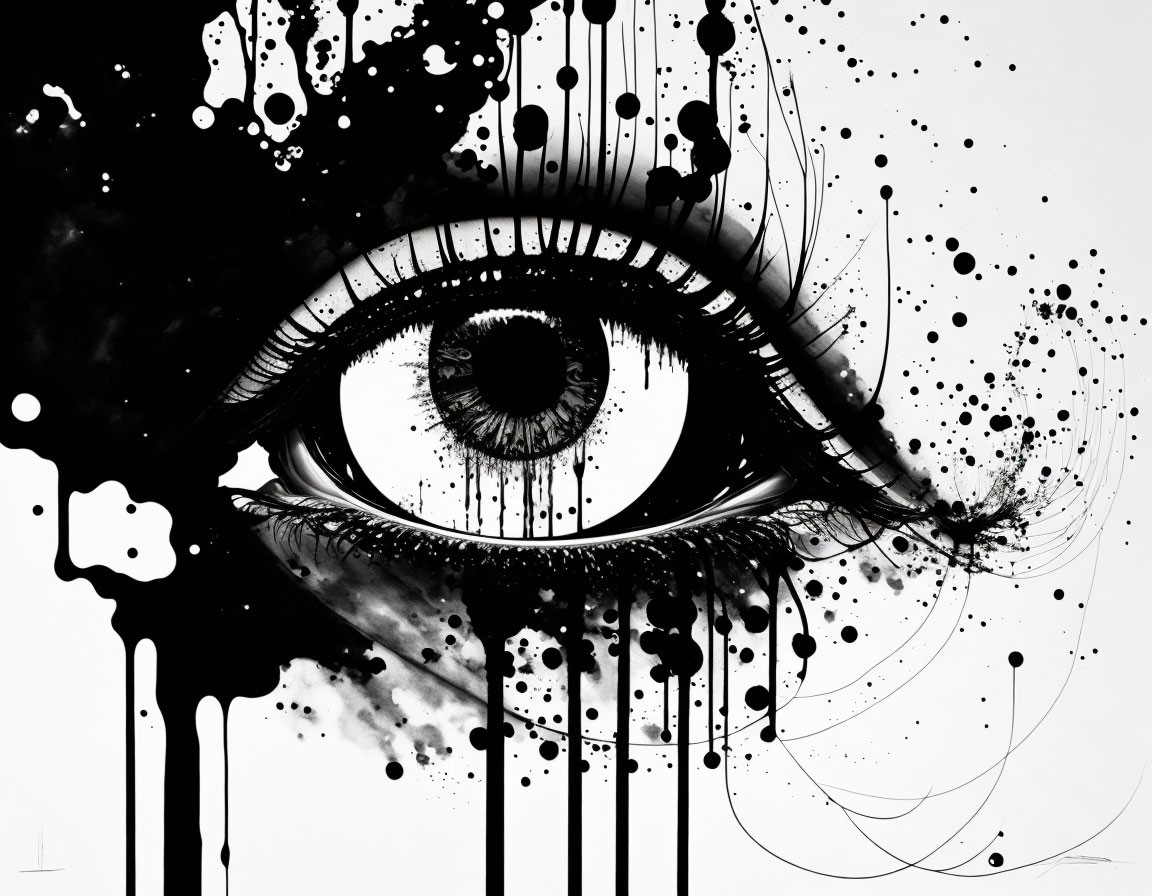 Monochrome eye art with intricate eyelashes and dynamic ink splatters