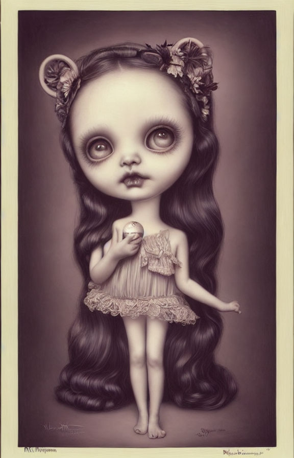 Illustration of doll-like girl with large eyes holding an apple in sepia tones