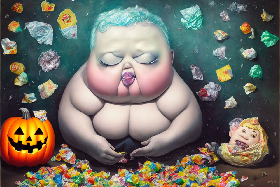Surreal painting: overweight figure with candy wrappers, jack-o'-lantern, and doll-like