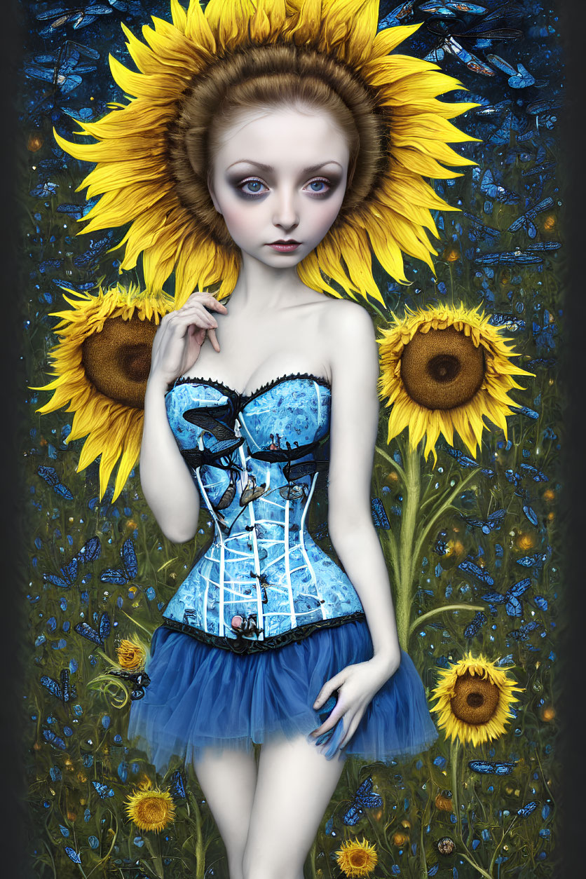 Surreal female figure with sunflower headdress and butterflies on blue background