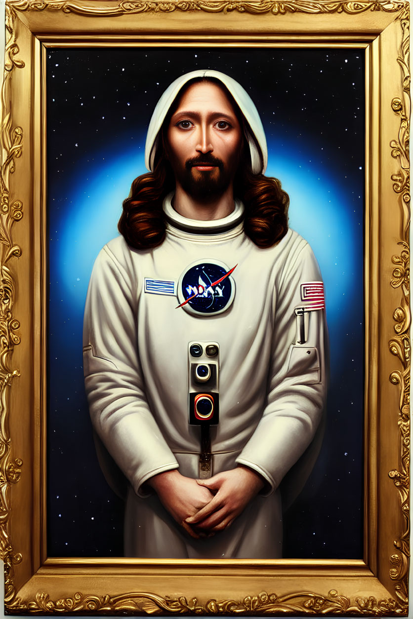 Portrait of a person in NASA spacesuit with long hair and beard in golden frame against starry background
