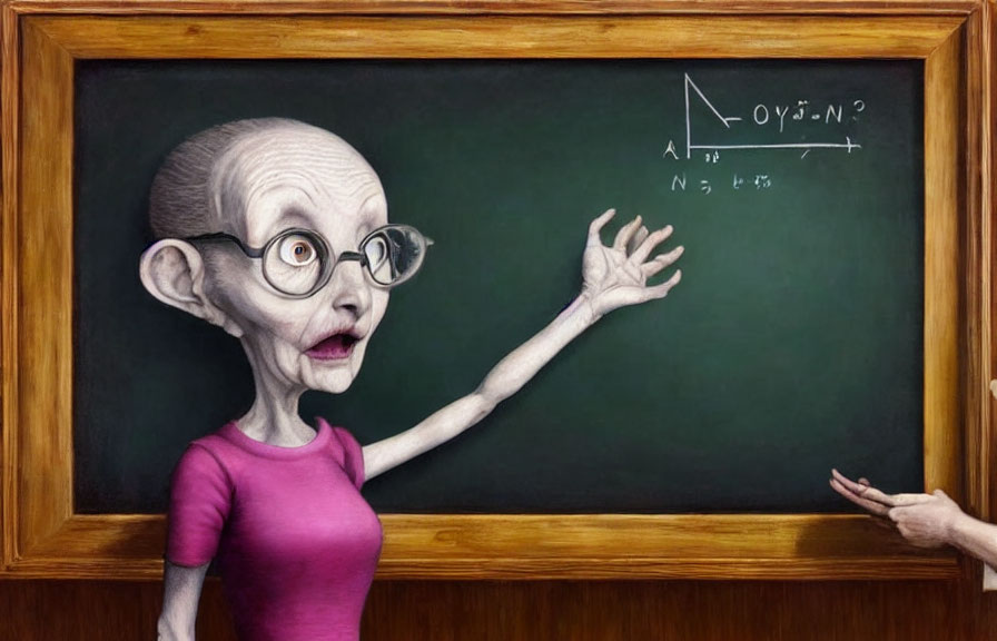 Exaggerated teacher caricature by chalkboard with math equations