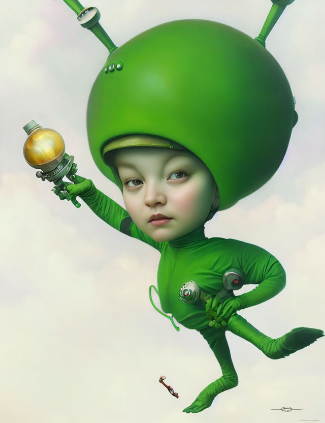 Child with oversized green alien head and suit holding futuristic device in digital artwork