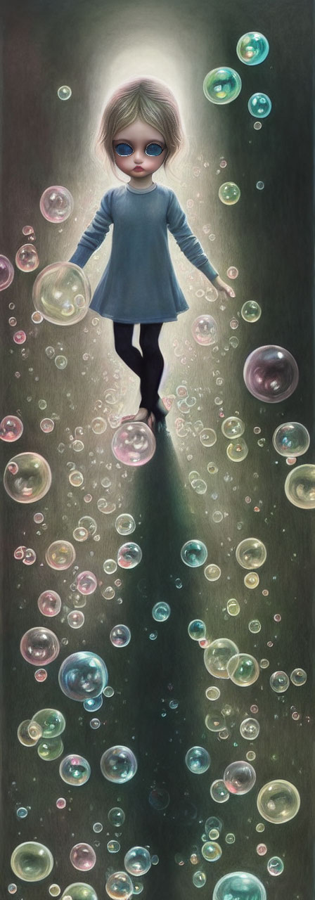 Stylized illustration of girl with large eyes in colorful, ethereal space