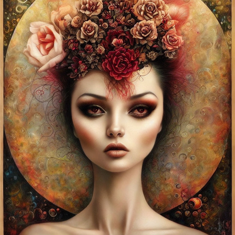 Surreal portrait of woman with floral crown in warm tones