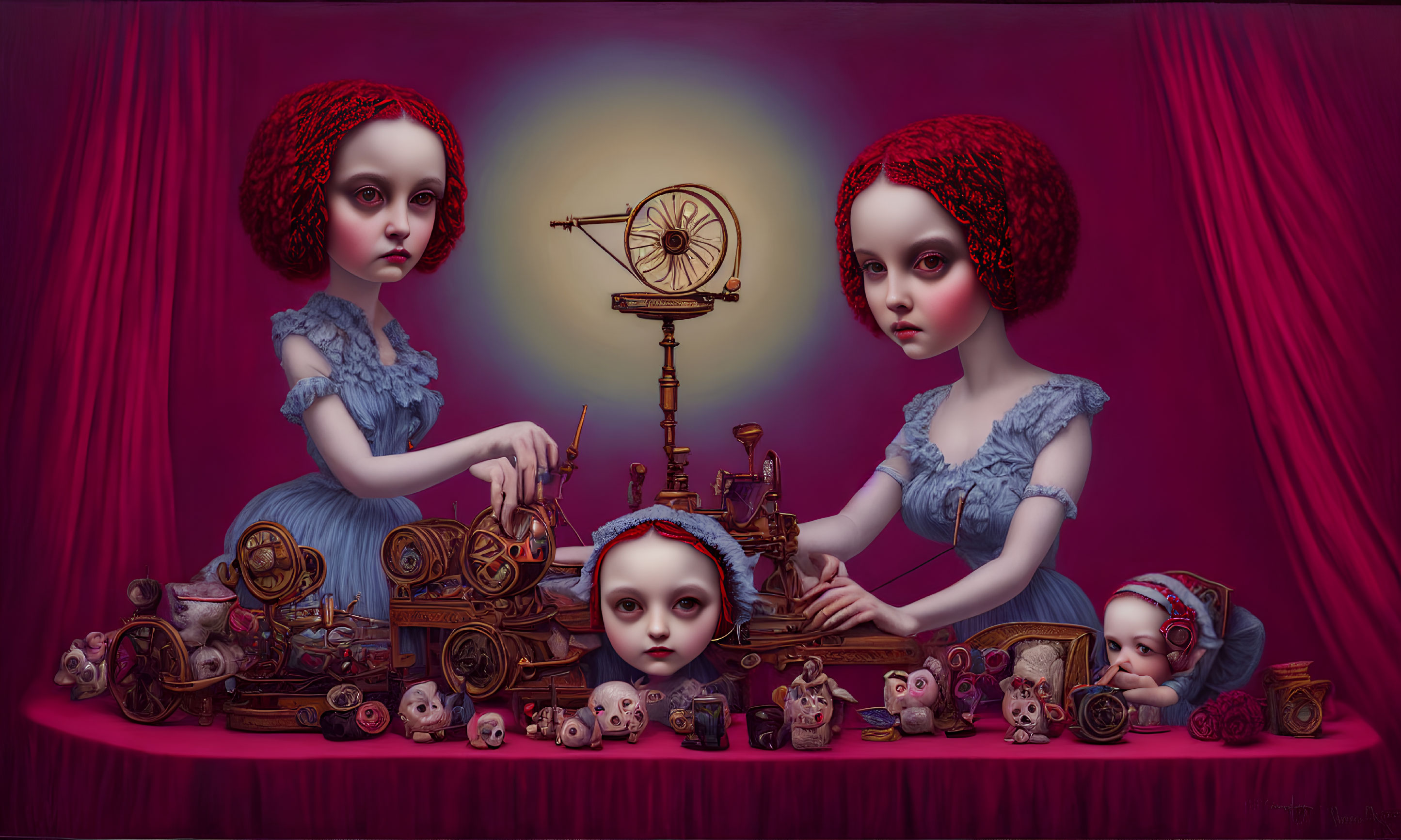 Identical Red-Haired Girls in Blue Dresses Surrounded by Mechanical Objects and Doll Heads