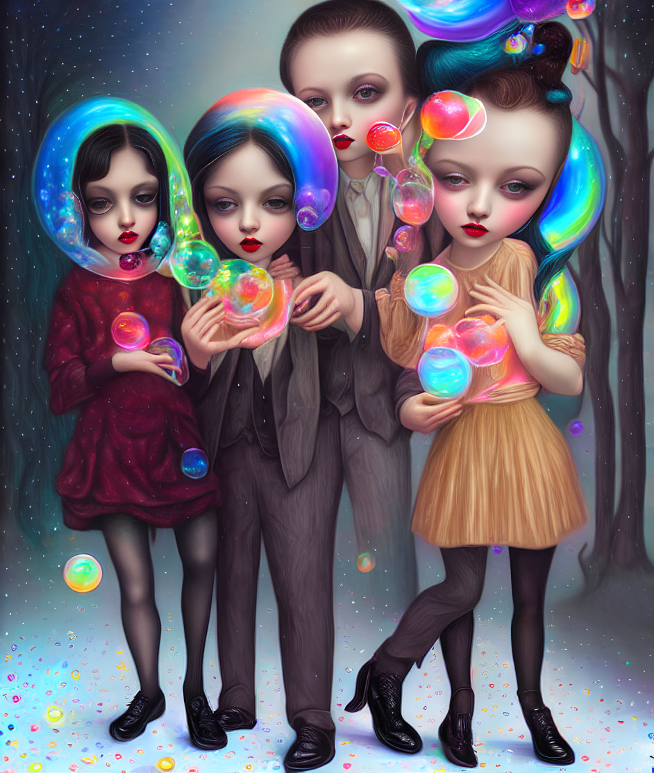 Stylized doll-like figures playing with iridescent bubbles