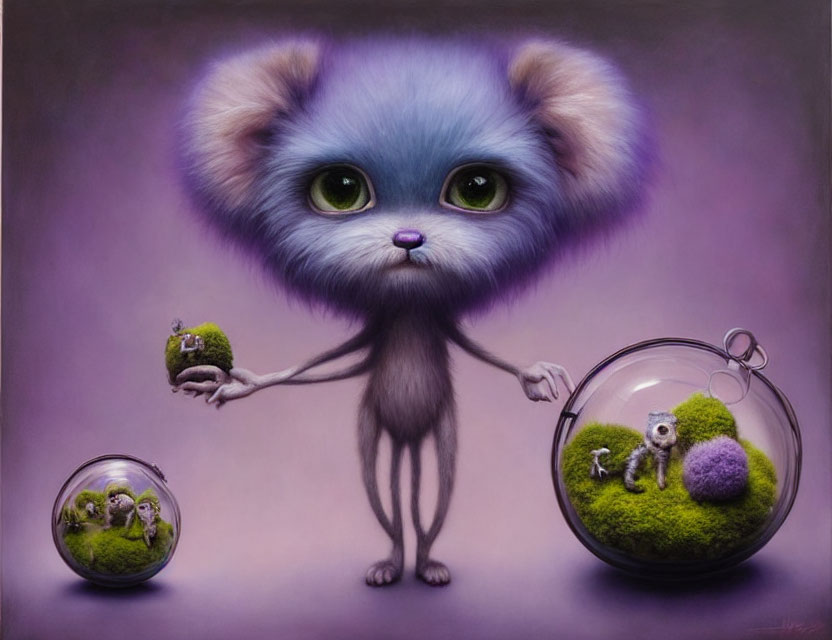 Fluffy creature with green eyes holding terrariums on purple background