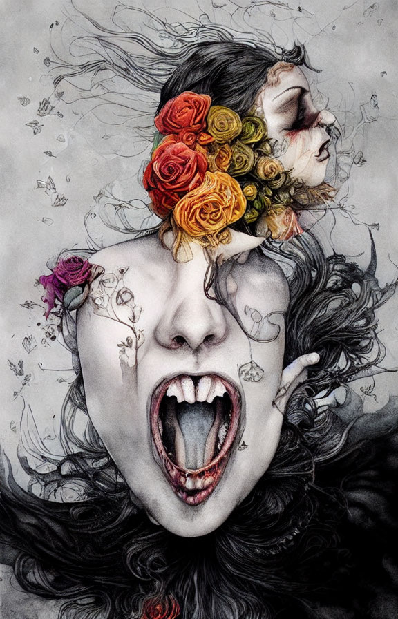 Surrealist woman portrait with flowers, second face, and dark hair