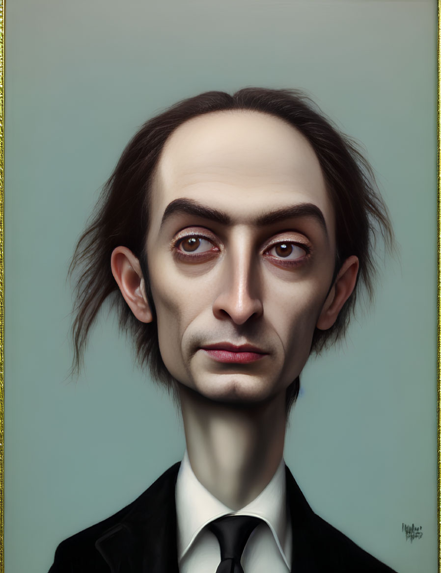 Exaggerated long face caricature in suit on teal background