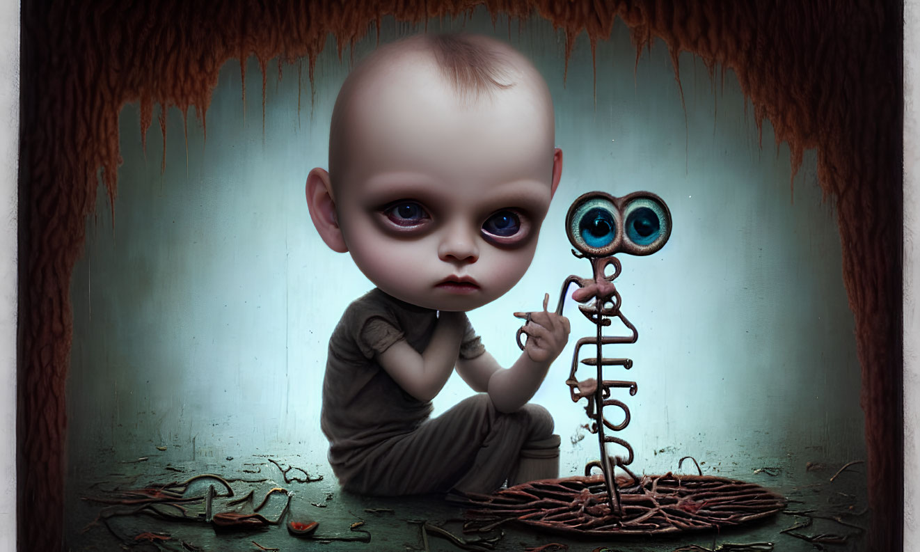 Surreal illustration of large-headed child with sad eyes and owl-eyed creature on coiled spring in