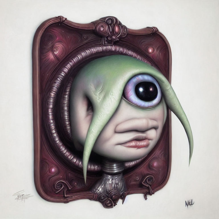 Green creature with large eye in surreal painting framed by ornate purple shapes