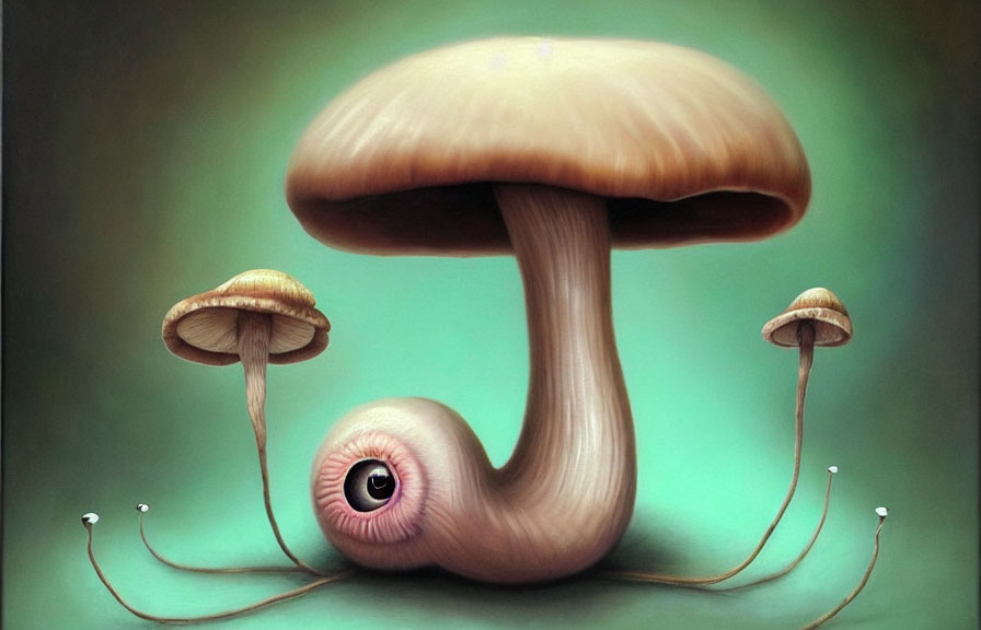 Surreal oversized mushroom with single eye on stalk against green background