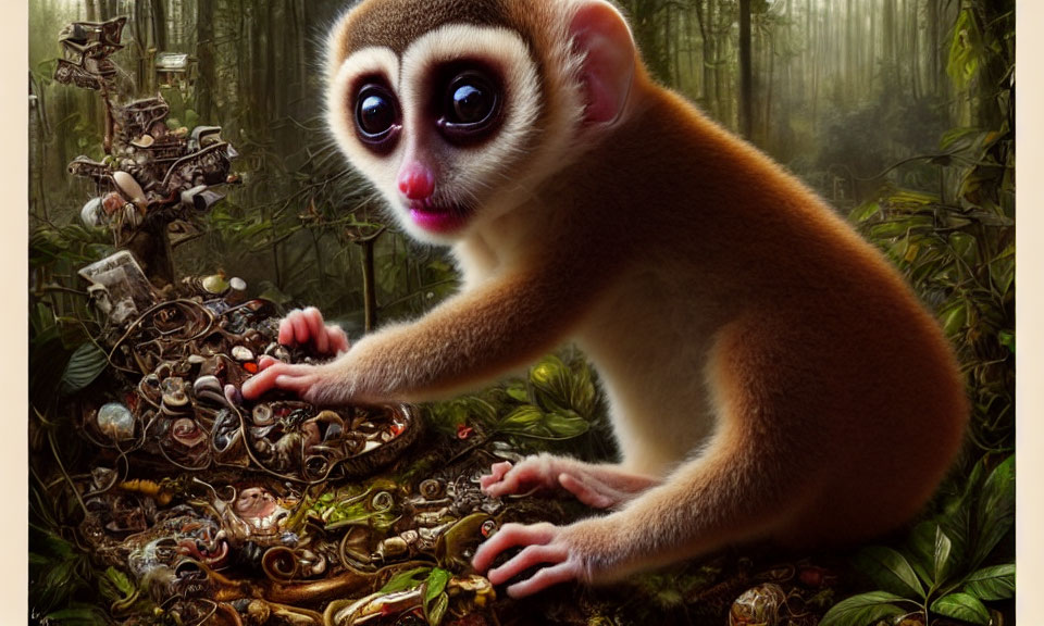 Large-eyed primate resembling a bushbaby with trinkets in forest setting