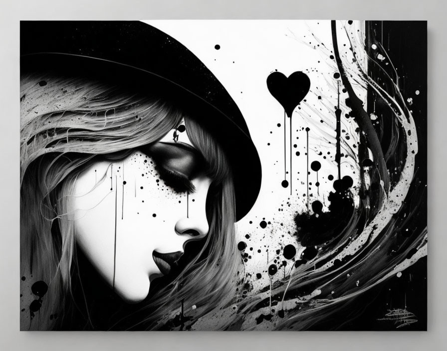 Monochrome artwork of woman with hat, closed eyes, tears, abstract patterns.