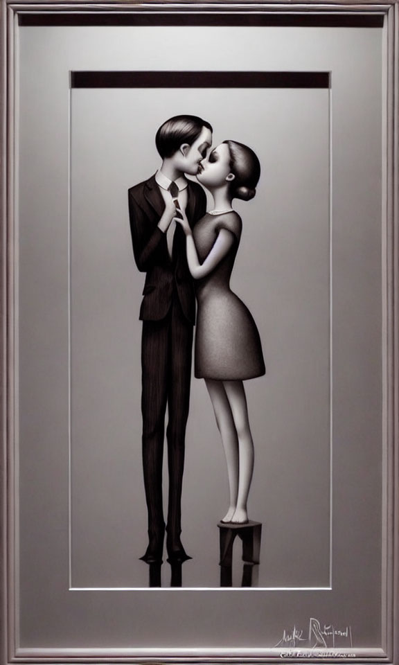 Illustration of tall man and shorter woman kissing in black and white.