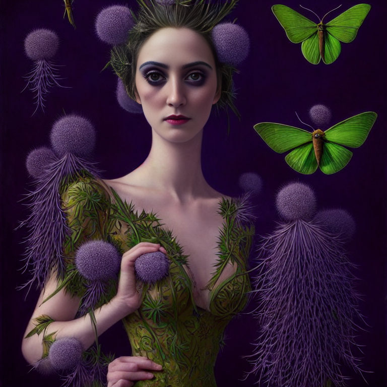 Woman in dramatic makeup and botanical outfit with purple flowers and green butterflies on purple background