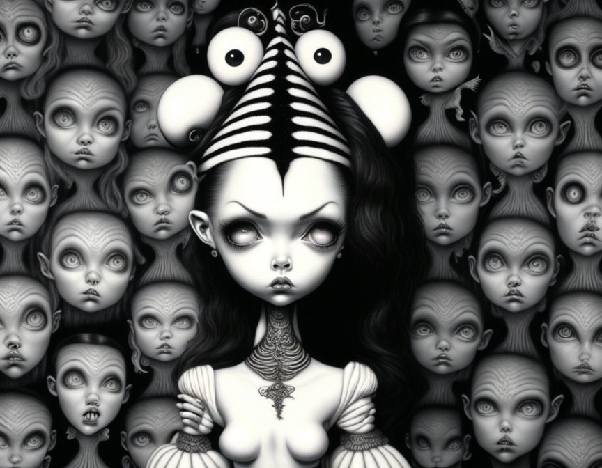 Monochrome artwork with central character, large eyes, striped horns, and eerie faces.